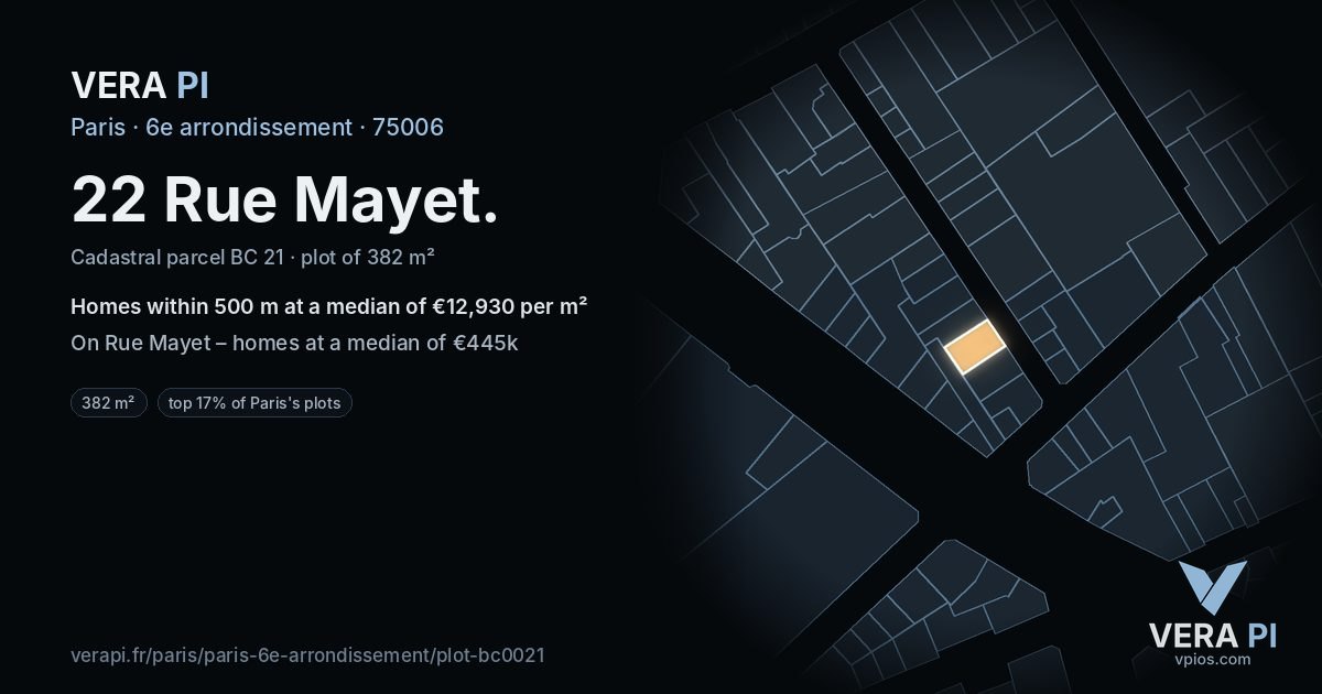 22 Rue Mayet, 6e arrondissement at night – the plot lit, the parcels around coloured by the prices near them