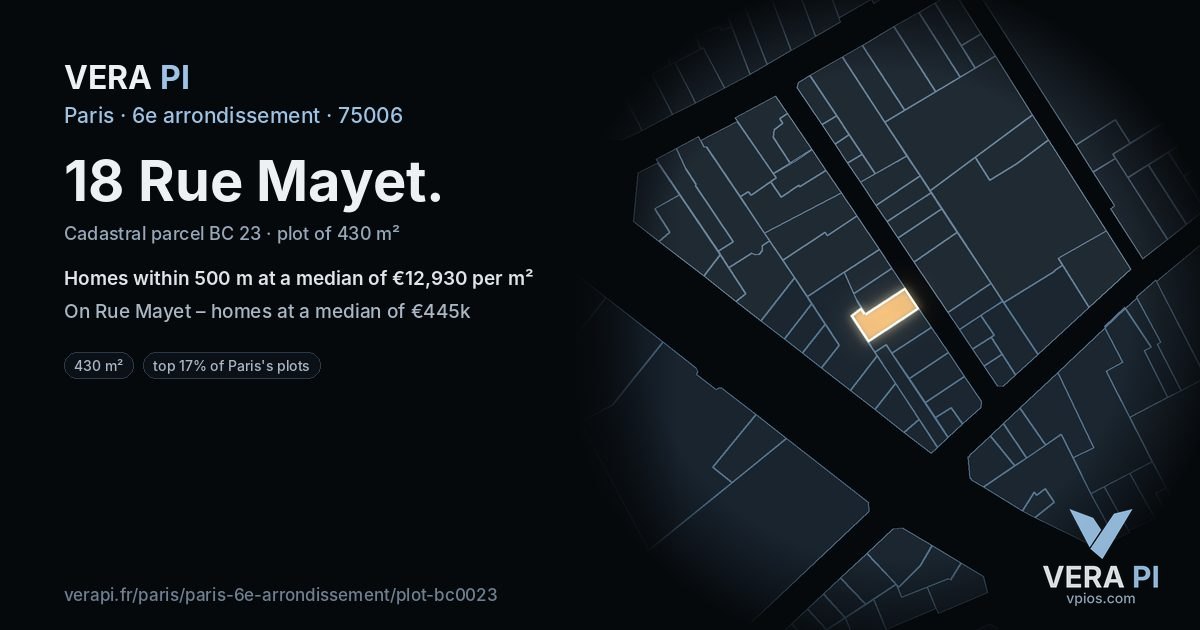 18 Rue Mayet, 6e arrondissement at night – the plot lit, the parcels around coloured by the prices near them