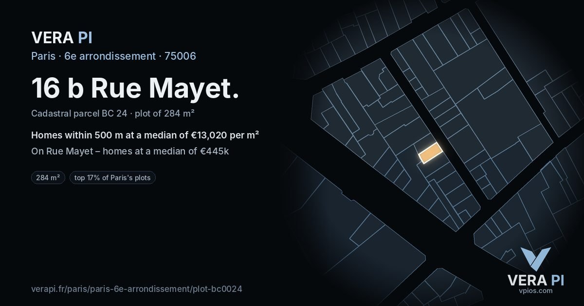 16 b Rue Mayet, 6e arrondissement at night – the plot lit, the parcels around coloured by the prices near them
