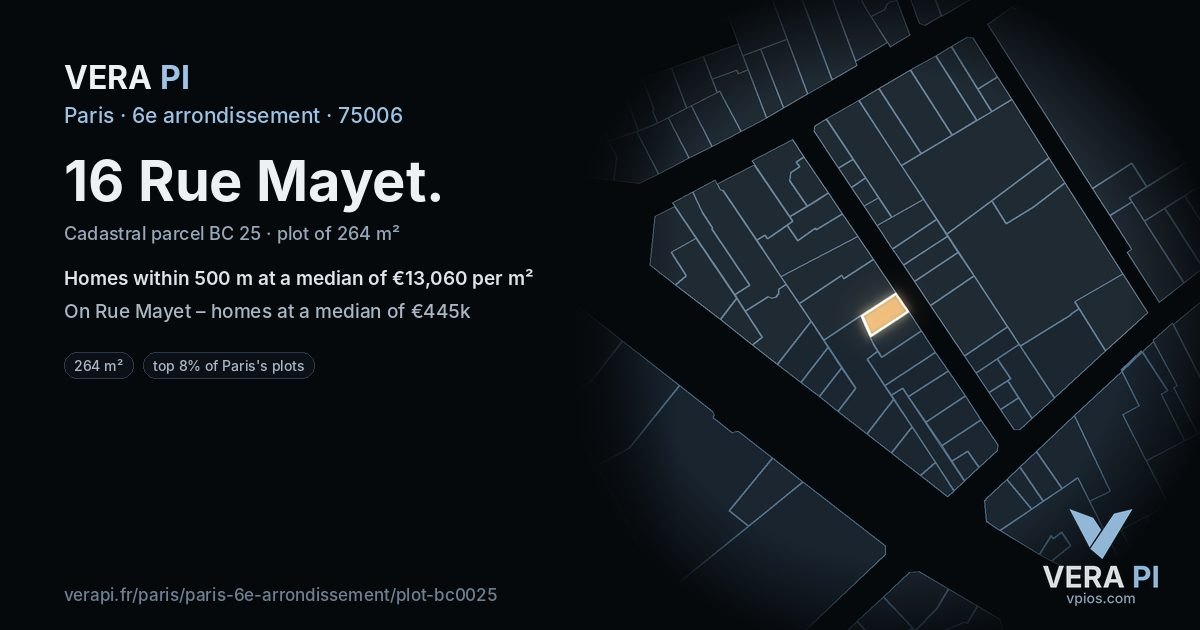 16 Rue Mayet, 6e arrondissement at night – the plot lit, the parcels around coloured by the prices near them
