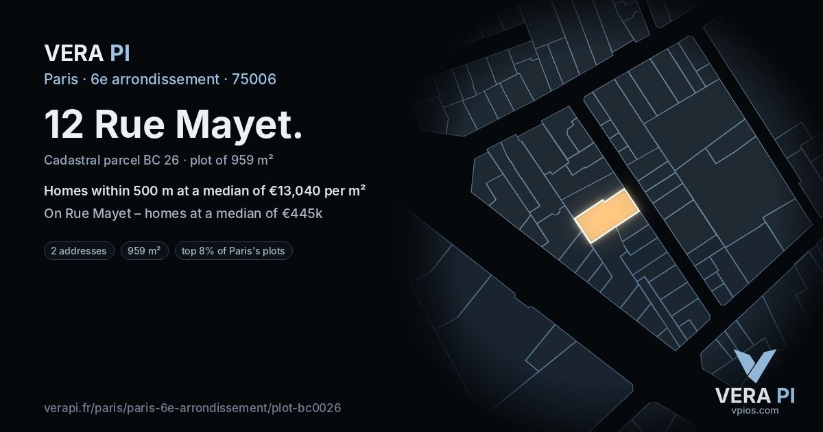 12 Rue Mayet, 6e arrondissement at night – the plot lit, the parcels around coloured by the prices near them