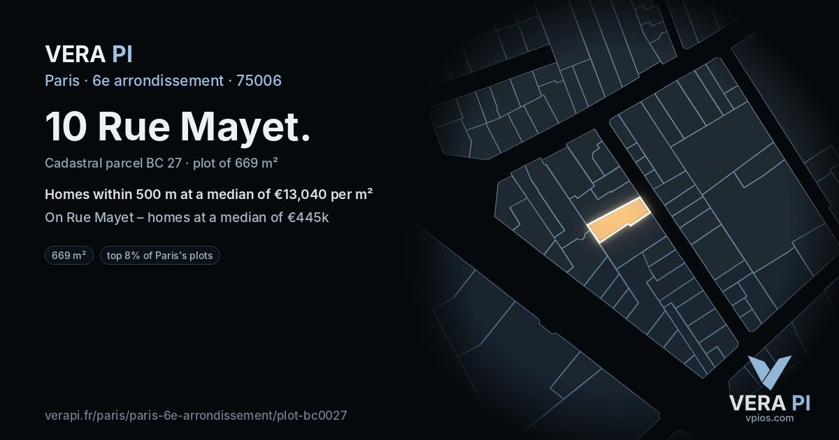 10 Rue Mayet, 6e arrondissement at night – the plot lit, the parcels around coloured by the prices near them