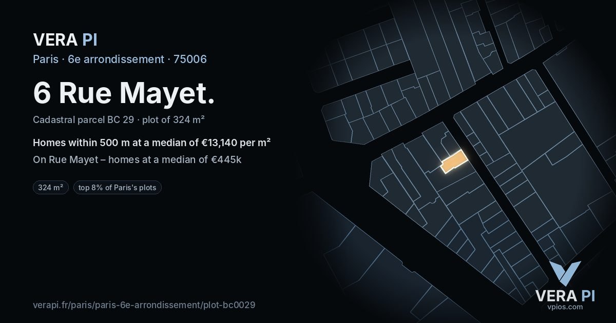 6 Rue Mayet, 6e arrondissement at night – the plot lit, the parcels around coloured by the prices near them