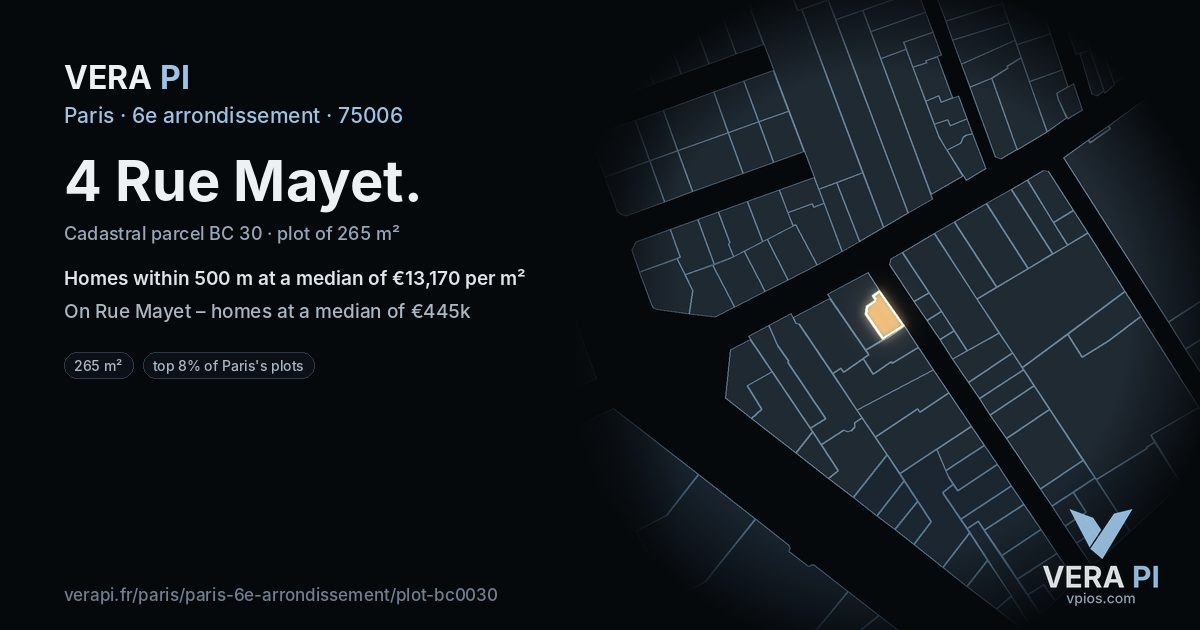 4 Rue Mayet, 6e arrondissement at night – the plot lit, the parcels around coloured by the prices near them