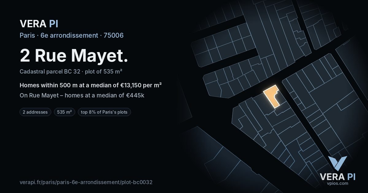 2 Rue Mayet, 6e arrondissement at night – the plot lit, the parcels around coloured by the prices near them