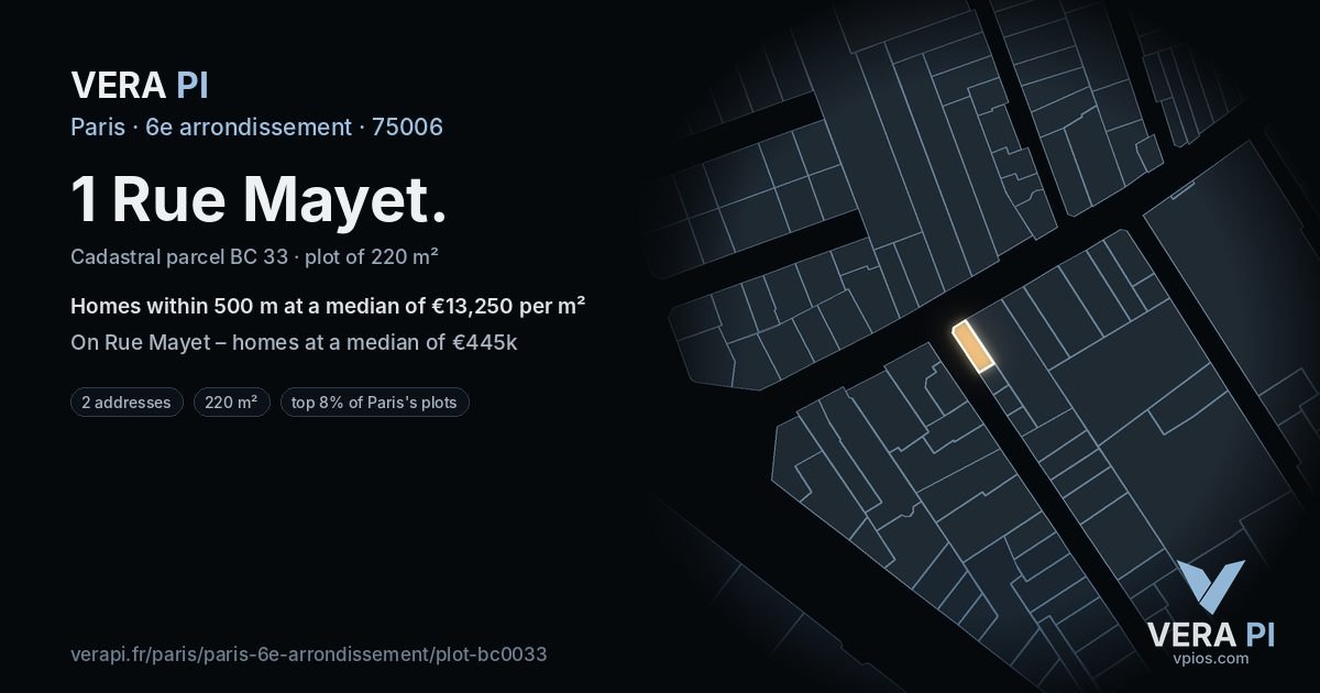 1 Rue Mayet, 6e arrondissement at night – the plot lit, the parcels around coloured by the prices near them