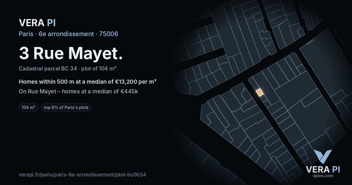 3 Rue Mayet, 6e arrondissement at night – the plot lit, the parcels around coloured by the prices near them