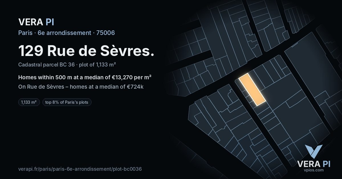 129 Rue de Sèvres, 6e arrondissement at night – the plot lit, the parcels around coloured by the prices near them