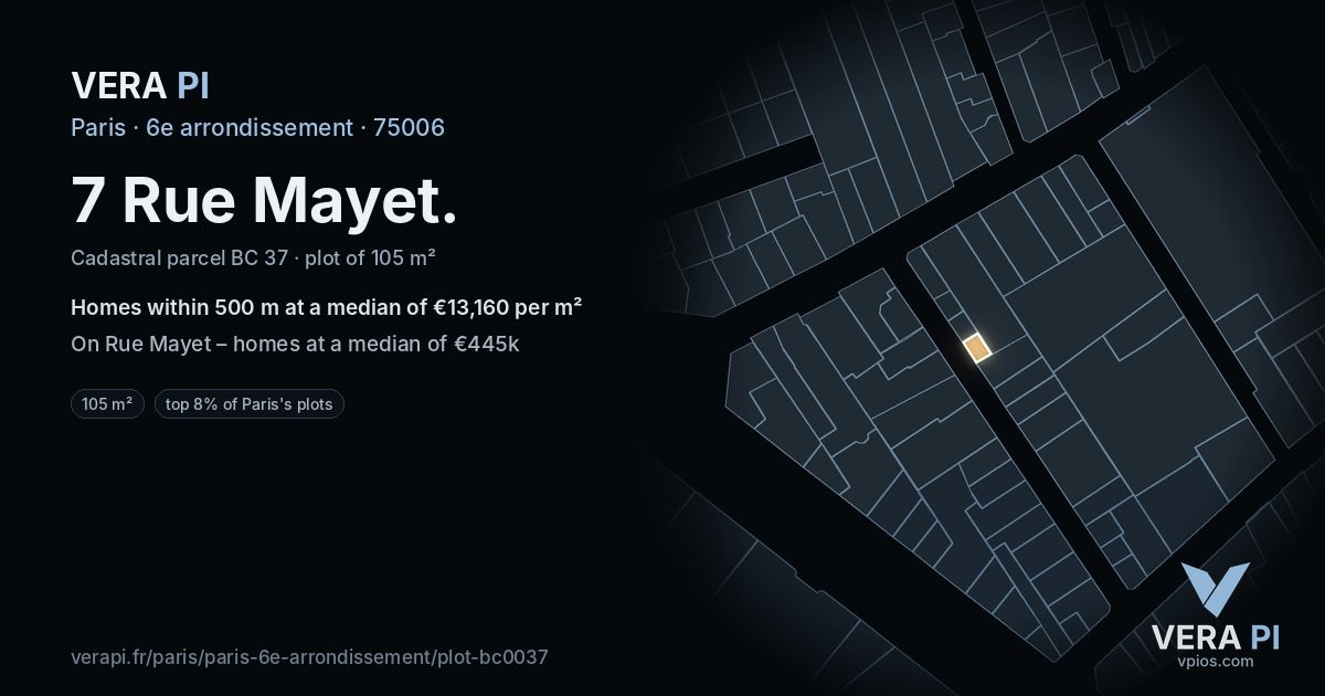 7 Rue Mayet, 6e arrondissement at night – the plot lit, the parcels around coloured by the prices near them