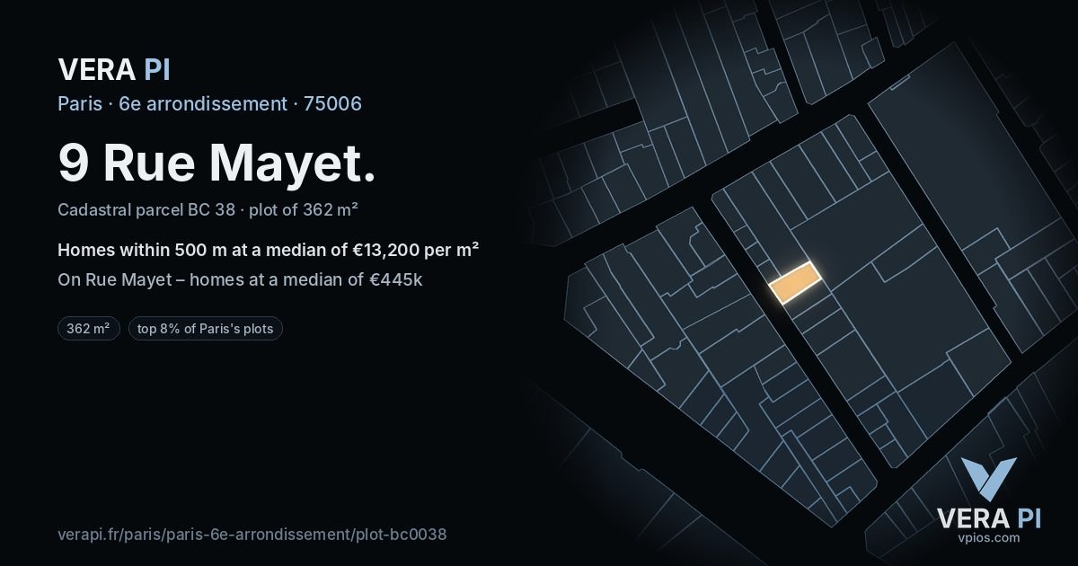 9 Rue Mayet, 6e arrondissement at night – the plot lit, the parcels around coloured by the prices near them