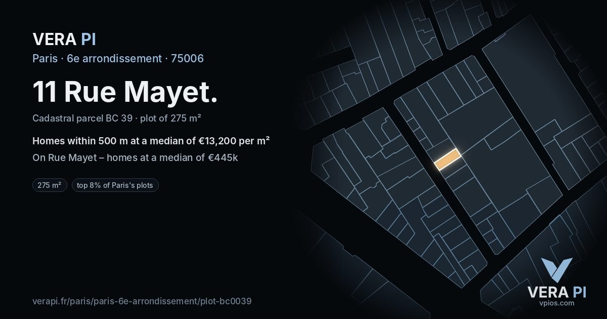 11 Rue Mayet, 6e arrondissement at night – the plot lit, the parcels around coloured by the prices near them