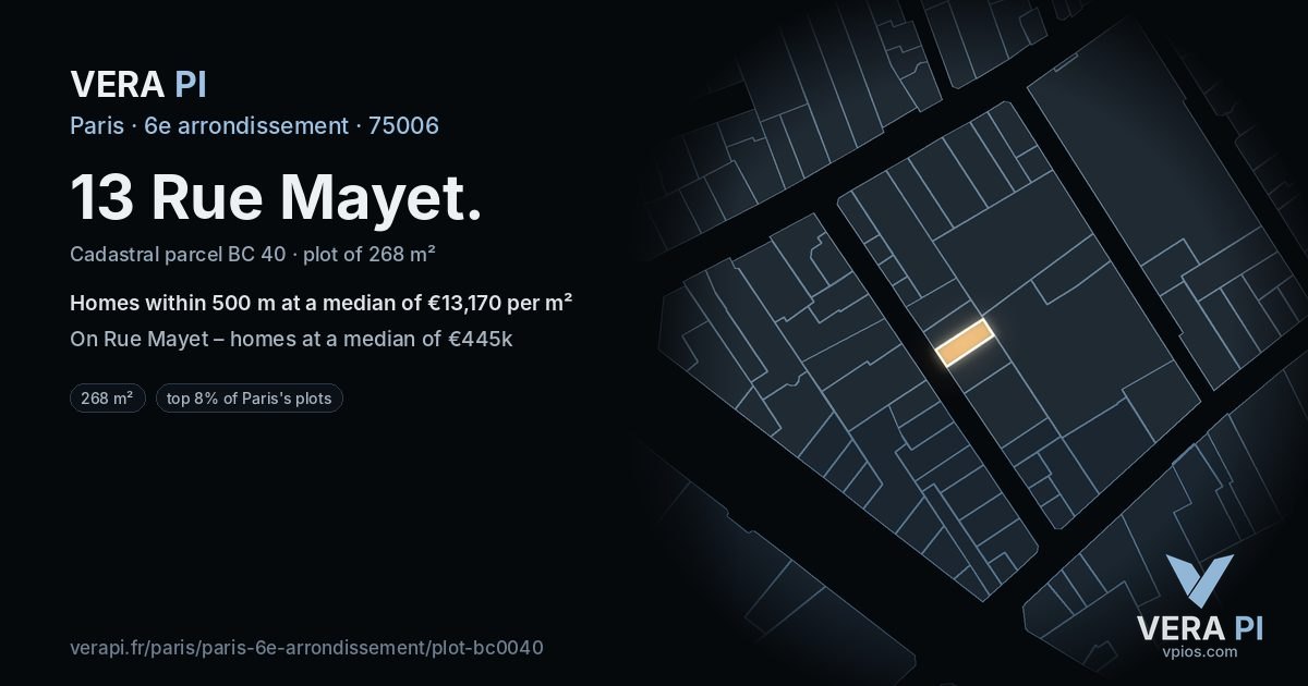 13 Rue Mayet, 6e arrondissement at night – the plot lit, the parcels around coloured by the prices near them