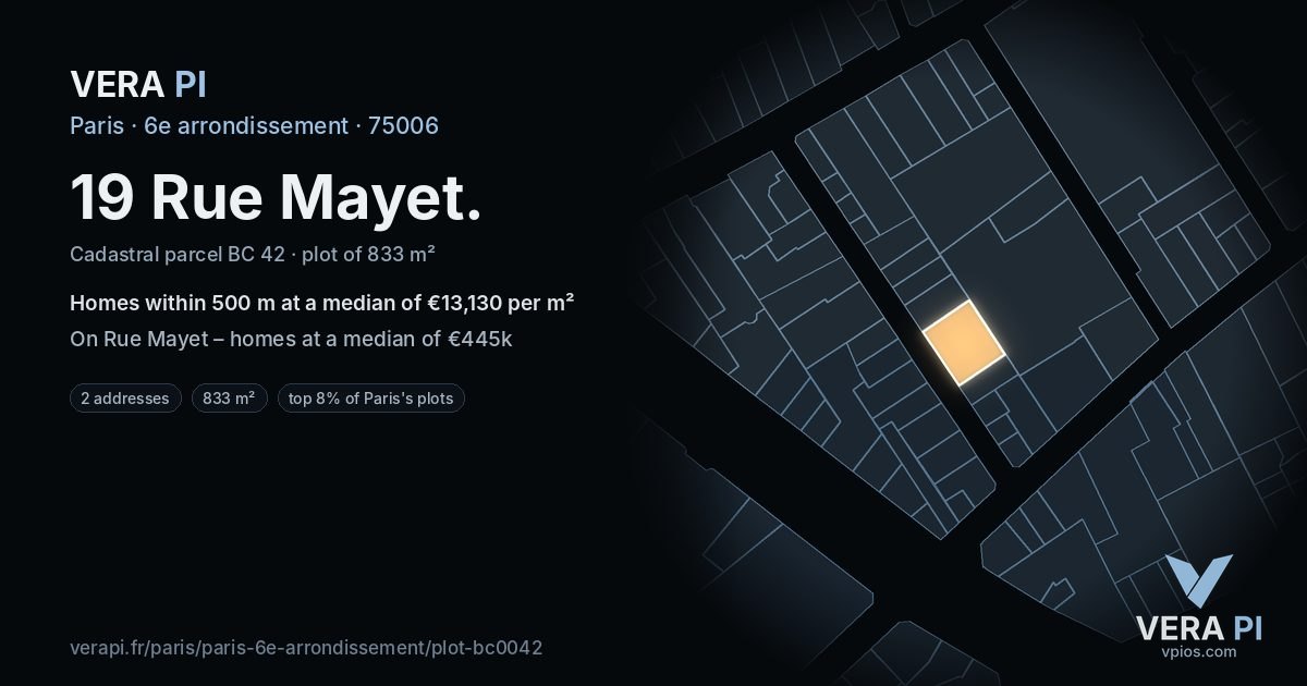19 Rue Mayet, 6e arrondissement at night – the plot lit, the parcels around coloured by the prices near them