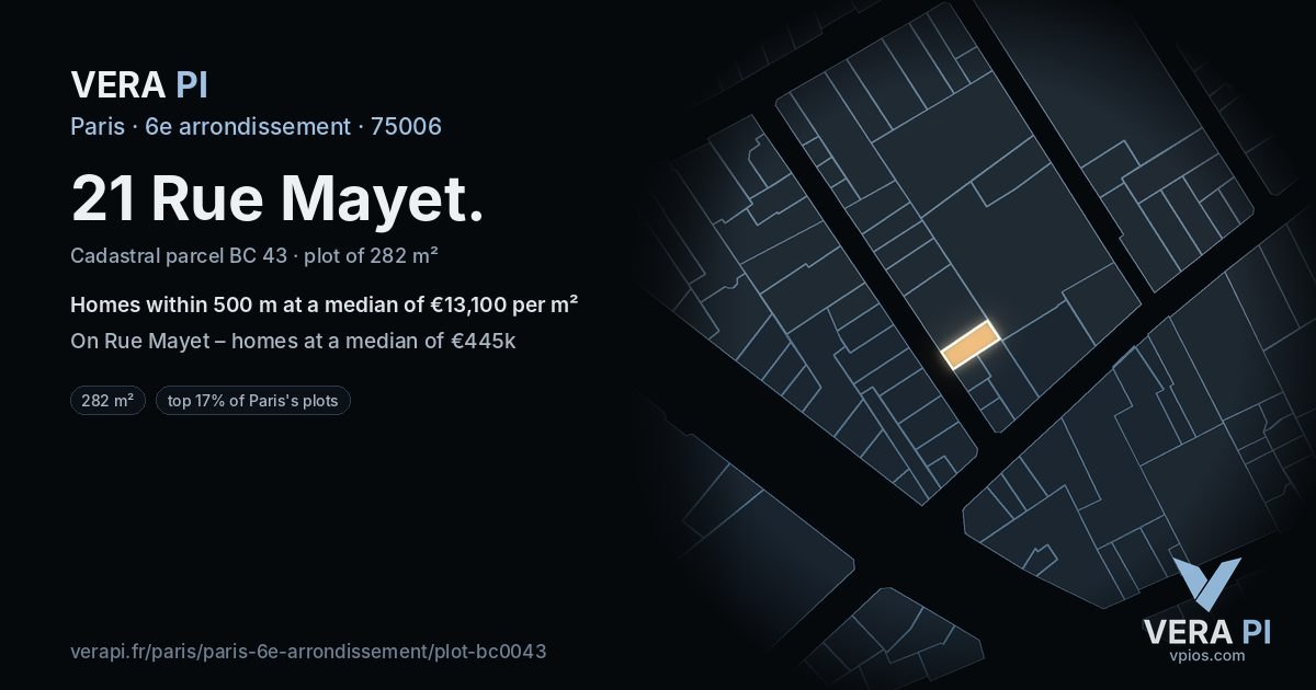 21 Rue Mayet, 6e arrondissement at night – the plot lit, the parcels around coloured by the prices near them