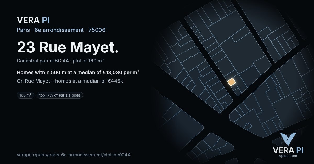 23 Rue Mayet, 6e arrondissement at night – the plot lit, the parcels around coloured by the prices near them