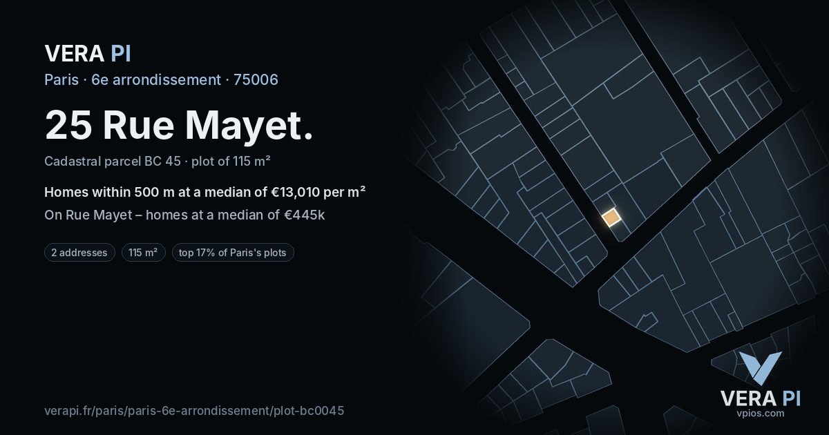 25 Rue Mayet, 6e arrondissement at night – the plot lit, the parcels around coloured by the prices near them
