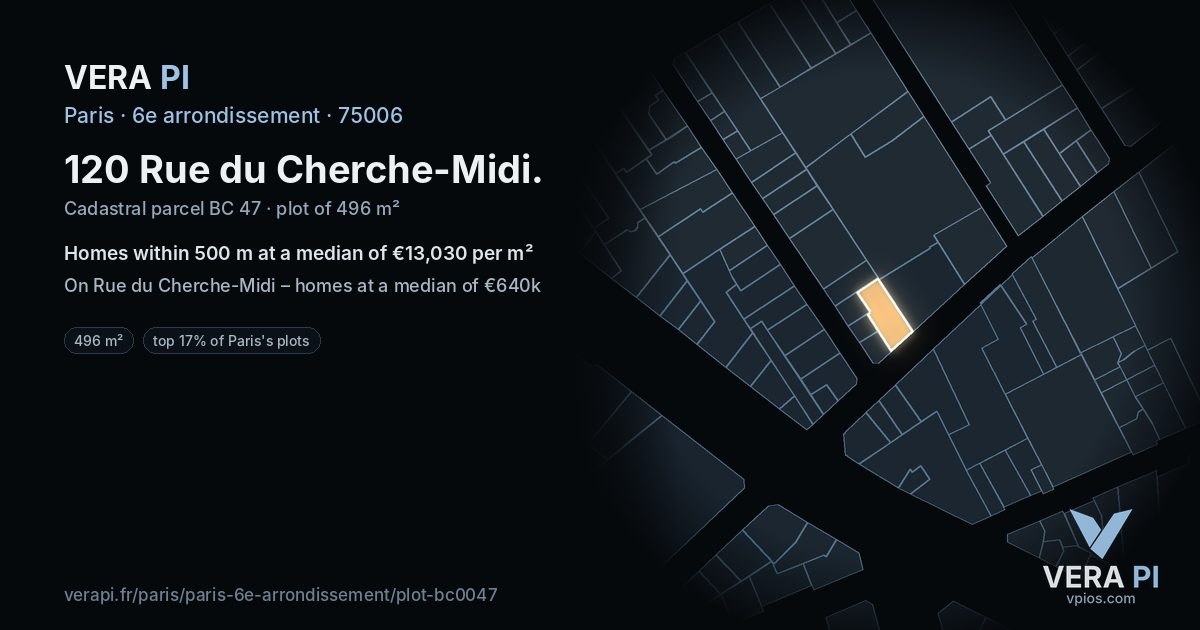 120 Rue du Cherche-Midi, 6e arrondissement at night – the plot lit, the parcels around coloured by the prices near them