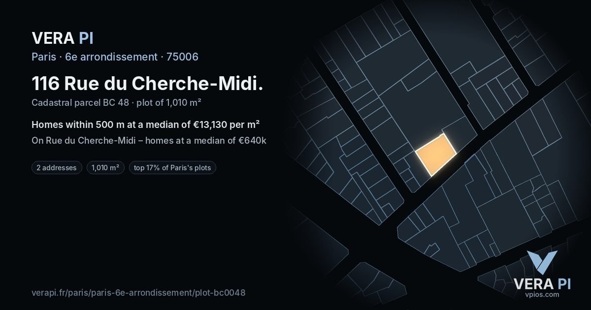 116 Rue du Cherche-Midi, 6e arrondissement at night – the plot lit, the parcels around coloured by the prices near them