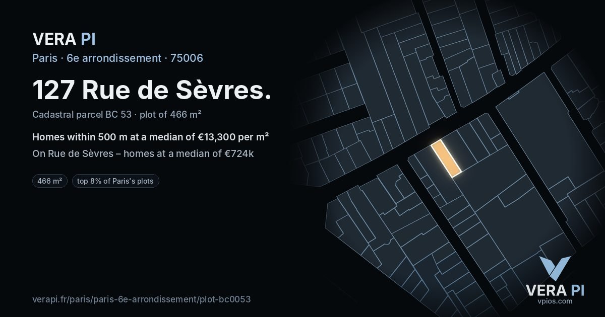 127 Rue de Sèvres, 6e arrondissement at night – the plot lit, the parcels around coloured by the prices near them