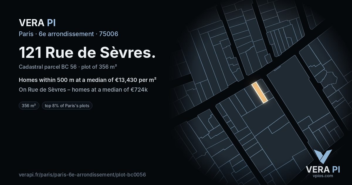 121 Rue de Sèvres, 6e arrondissement at night – the plot lit, the parcels around coloured by the prices near them