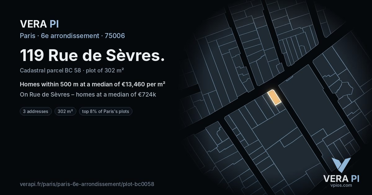 119 Rue de Sèvres, 6e arrondissement at night – the plot lit, the parcels around coloured by the prices near them