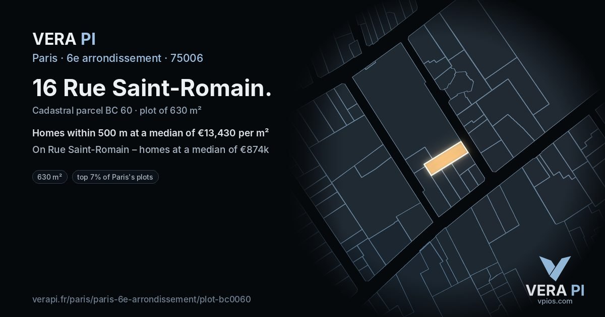 16 Rue Saint-Romain, 6e arrondissement at night – the plot lit, the parcels around coloured by the prices near them