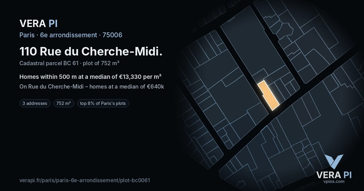 110 Rue du Cherche-Midi, 6e arrondissement at night – the plot lit, the parcels around coloured by the prices near them