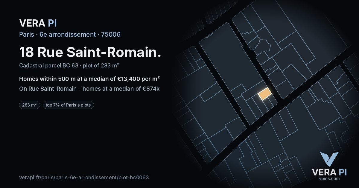 18 Rue Saint-Romain, 6e arrondissement at night – the plot lit, the parcels around coloured by the prices near them