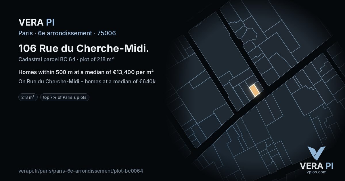 106 Rue du Cherche-Midi, 6e arrondissement at night – the plot lit, the parcels around coloured by the prices near them