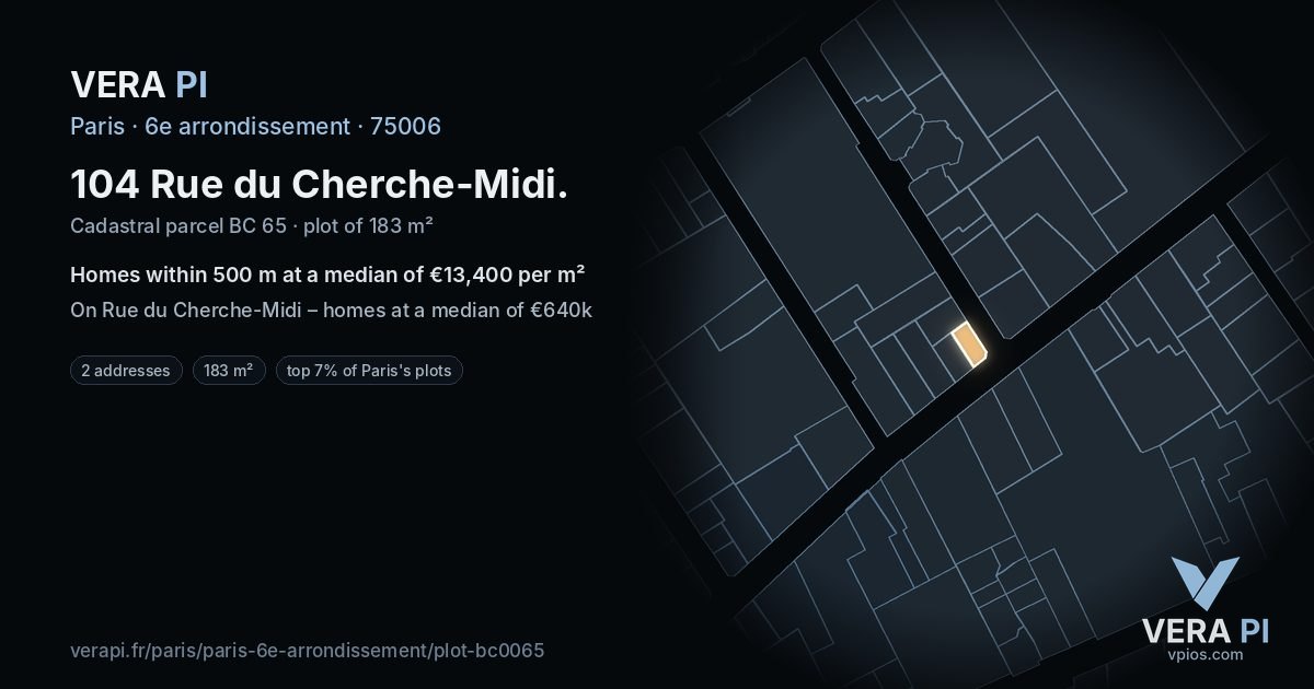 104 Rue du Cherche-Midi, 6e arrondissement at night – the plot lit, the parcels around coloured by the prices near them