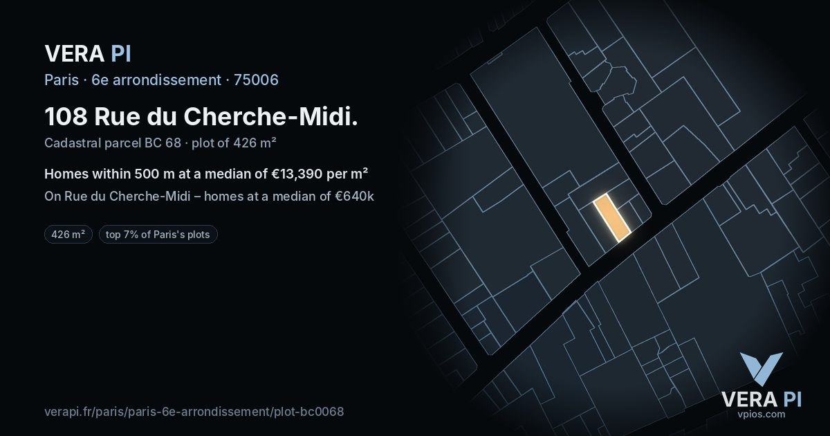 108 Rue du Cherche-Midi, 6e arrondissement at night – the plot lit, the parcels around coloured by the prices near them