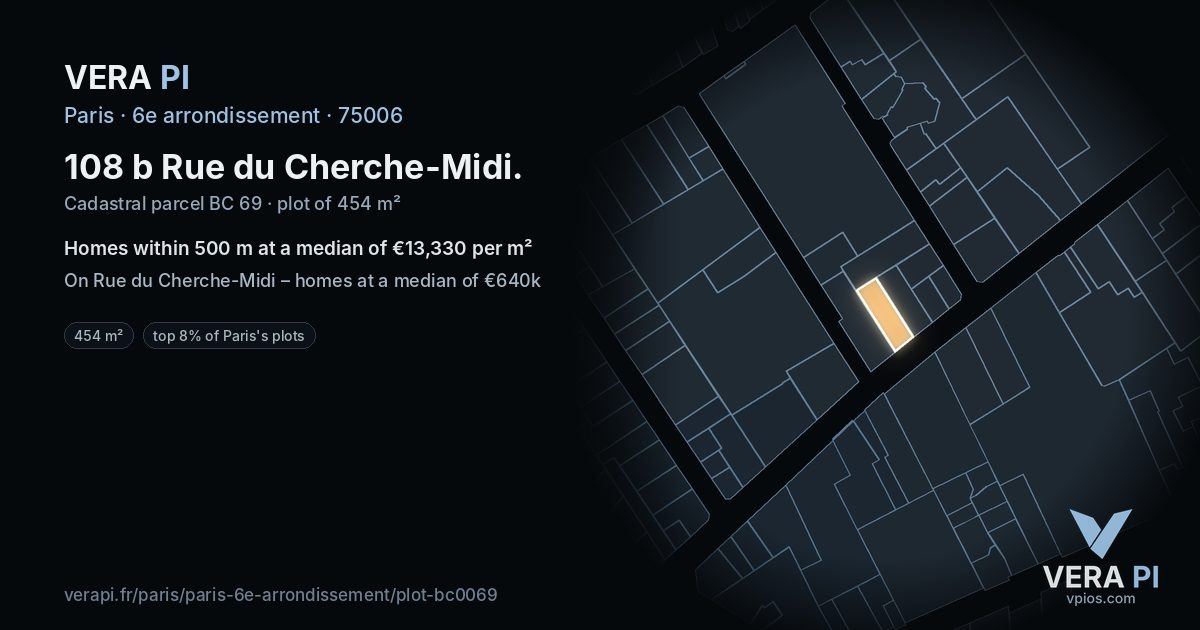 108 b Rue du Cherche-Midi, 6e arrondissement at night – the plot lit, the parcels around coloured by the prices near them