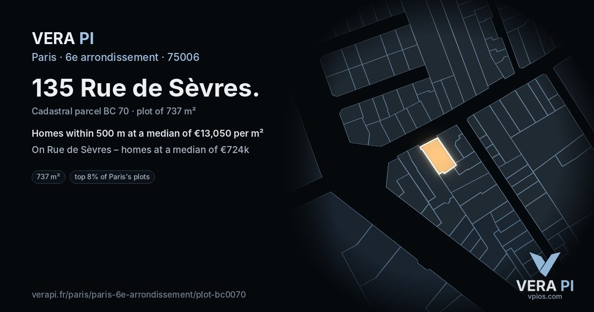 135 Rue de Sèvres, 6e arrondissement at night – the plot lit, the parcels around coloured by the prices near them