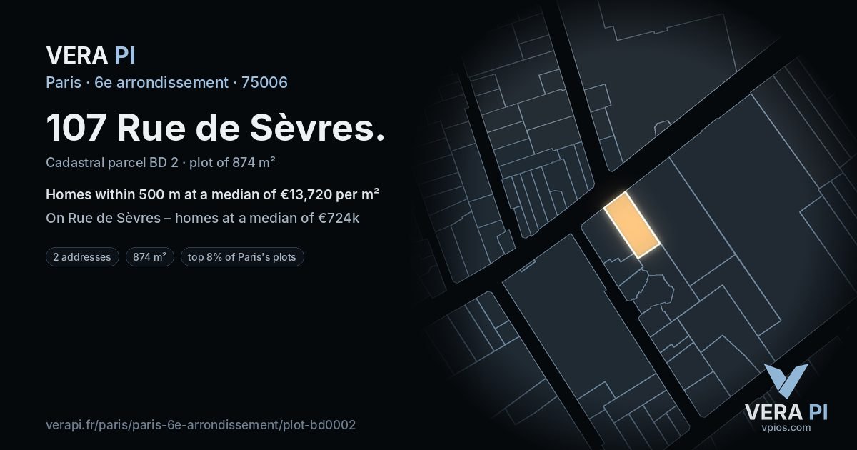 107 Rue de Sèvres, 6e arrondissement at night – the plot lit, the parcels around coloured by the prices near them