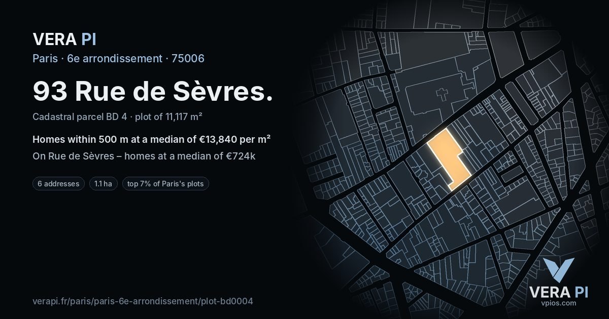 93 Rue de Sèvres, 6e arrondissement at night – the plot lit, the parcels around coloured by the prices near them