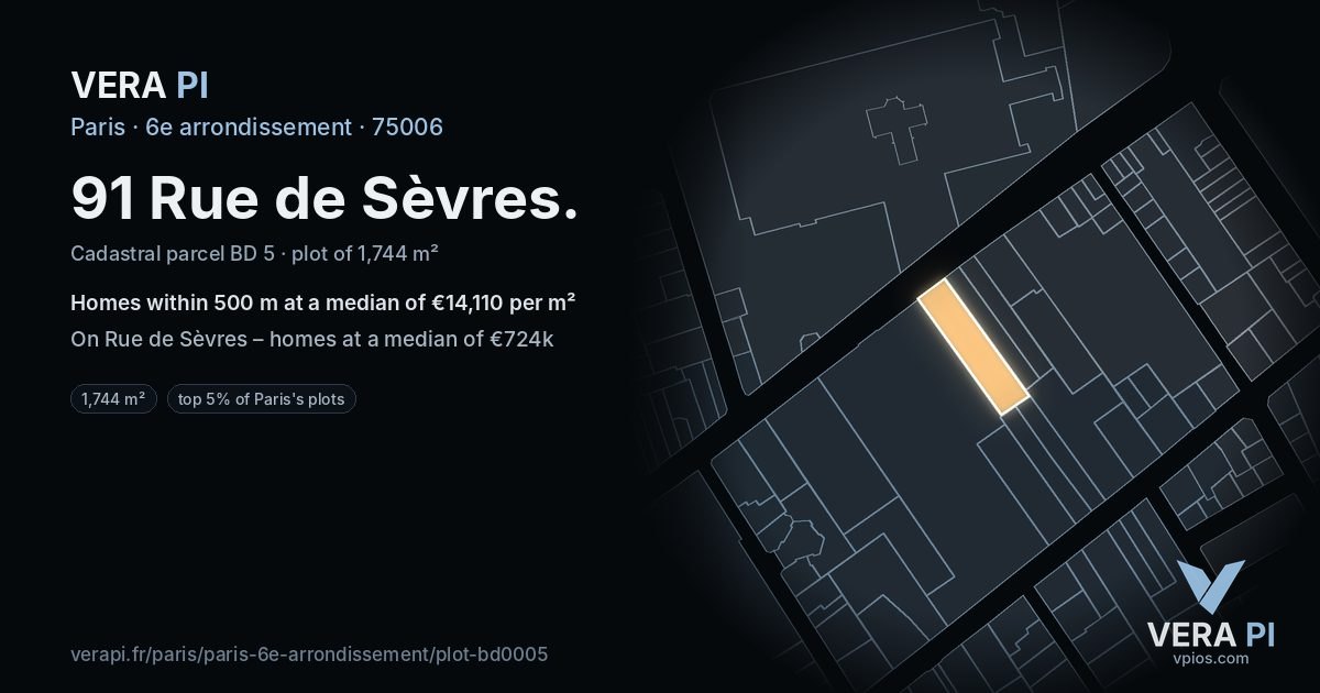 91 Rue de Sèvres, 6e arrondissement at night – the plot lit, the parcels around coloured by the prices near them
