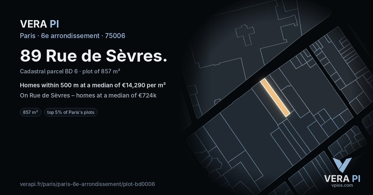 89 Rue de Sèvres, 6e arrondissement at night – the plot lit, the parcels around coloured by the prices near them