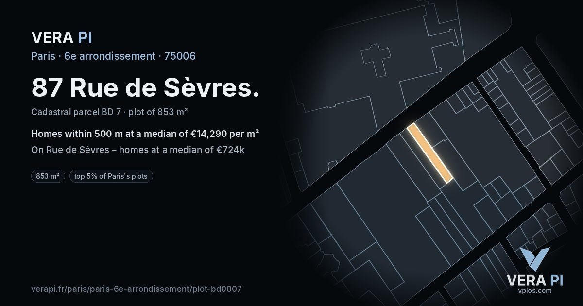 87 Rue de Sèvres, 6e arrondissement at night – the plot lit, the parcels around coloured by the prices near them