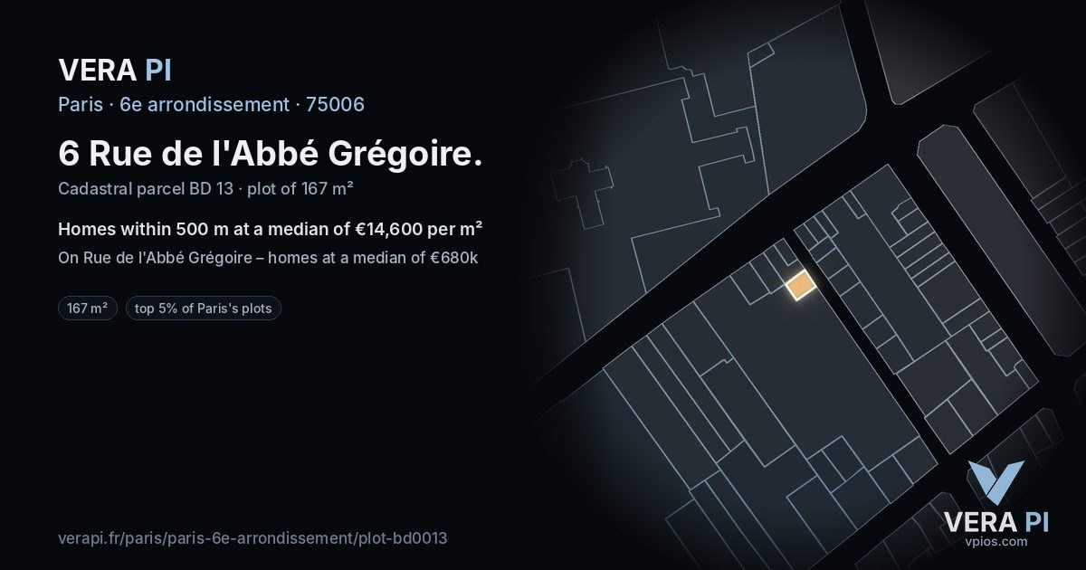 6 Rue de l'Abbé Grégoire, 6e arrondissement at night – the plot lit, the parcels around coloured by the prices near them