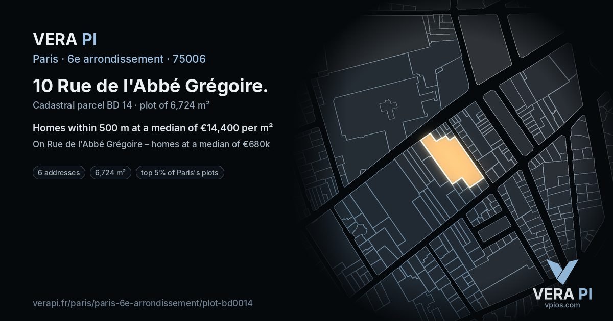 10 Rue de l'Abbé Grégoire, 6e arrondissement at night – the plot lit, the parcels around coloured by the prices near them