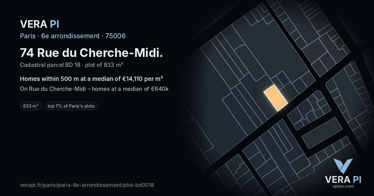 74 Rue du Cherche-Midi, 6e arrondissement at night – the plot lit, the parcels around coloured by the prices near them