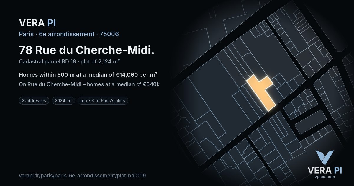 78 Rue du Cherche-Midi, 6e arrondissement at night – the plot lit, the parcels around coloured by the prices near them