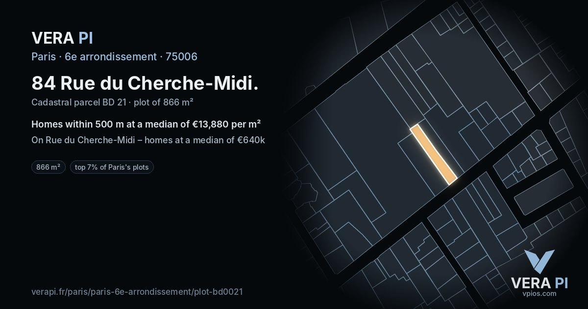84 Rue du Cherche-Midi, 6e arrondissement at night – the plot lit, the parcels around coloured by the prices near them