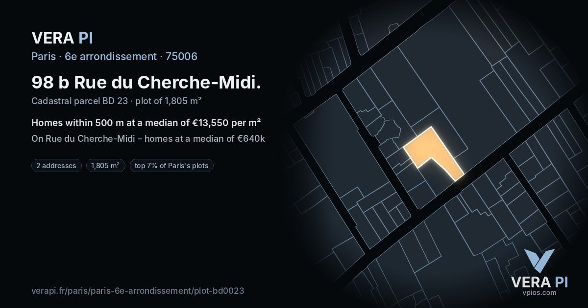 98 b Rue du Cherche-Midi, 6e arrondissement at night – the plot lit, the parcels around coloured by the prices near them