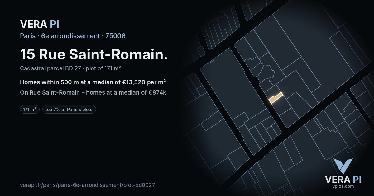 15 Rue Saint-Romain, 6e arrondissement at night – the plot lit, the parcels around coloured by the prices near them