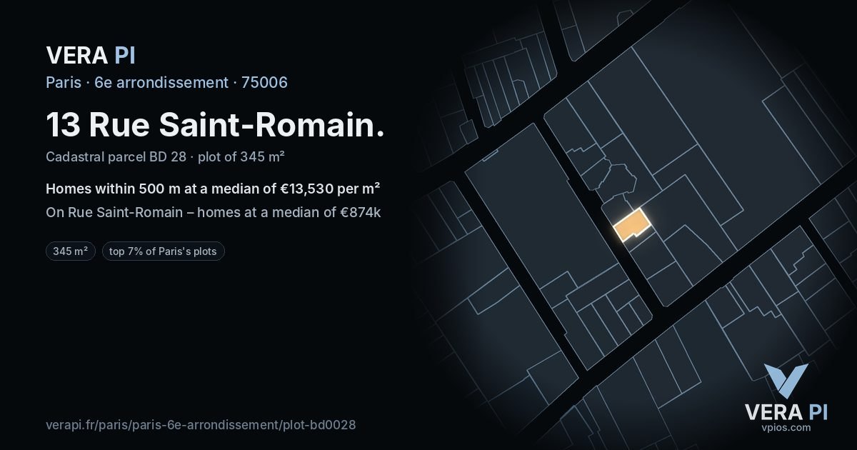 13 Rue Saint-Romain, 6e arrondissement at night – the plot lit, the parcels around coloured by the prices near them