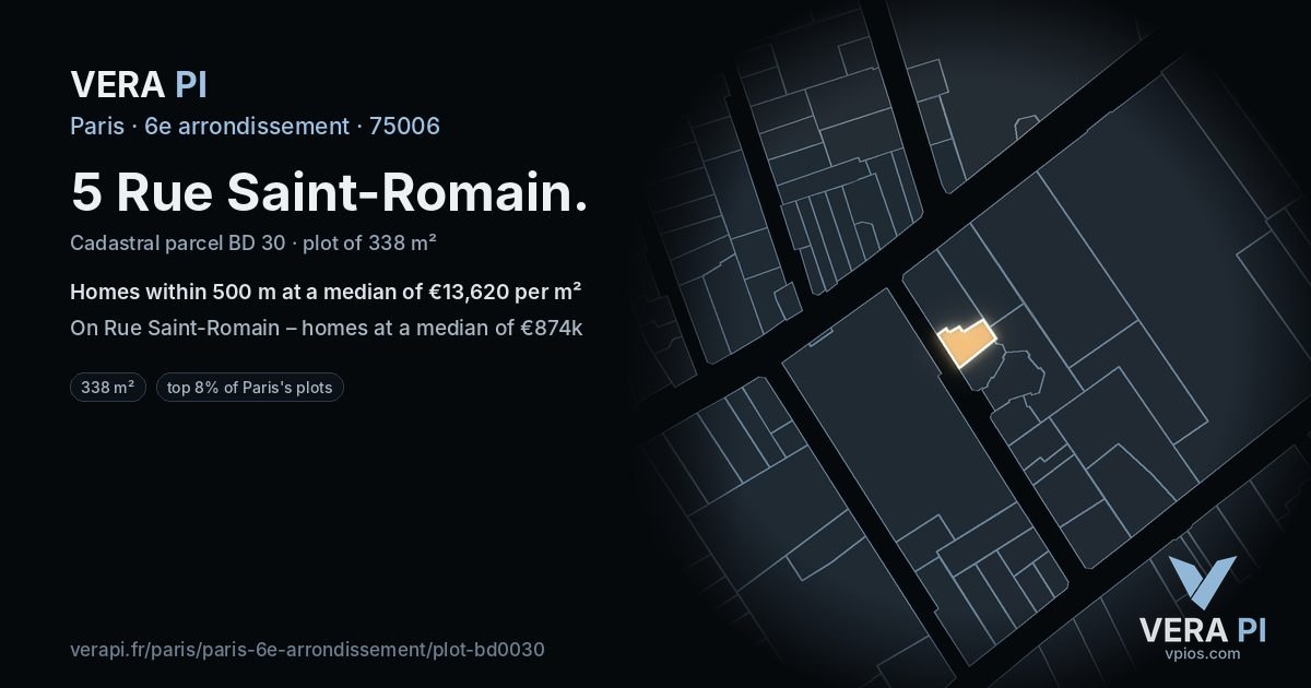 5 Rue Saint-Romain, 6e arrondissement at night – the plot lit, the parcels around coloured by the prices near them