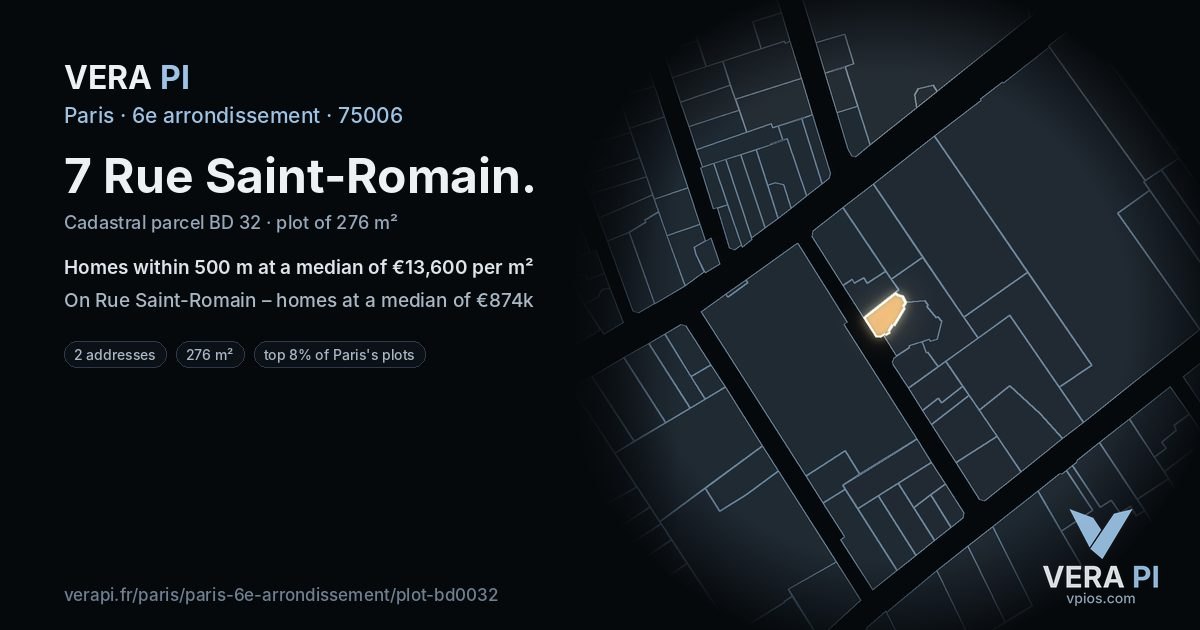 7 Rue Saint-Romain, 6e arrondissement at night – the plot lit, the parcels around coloured by the prices near them