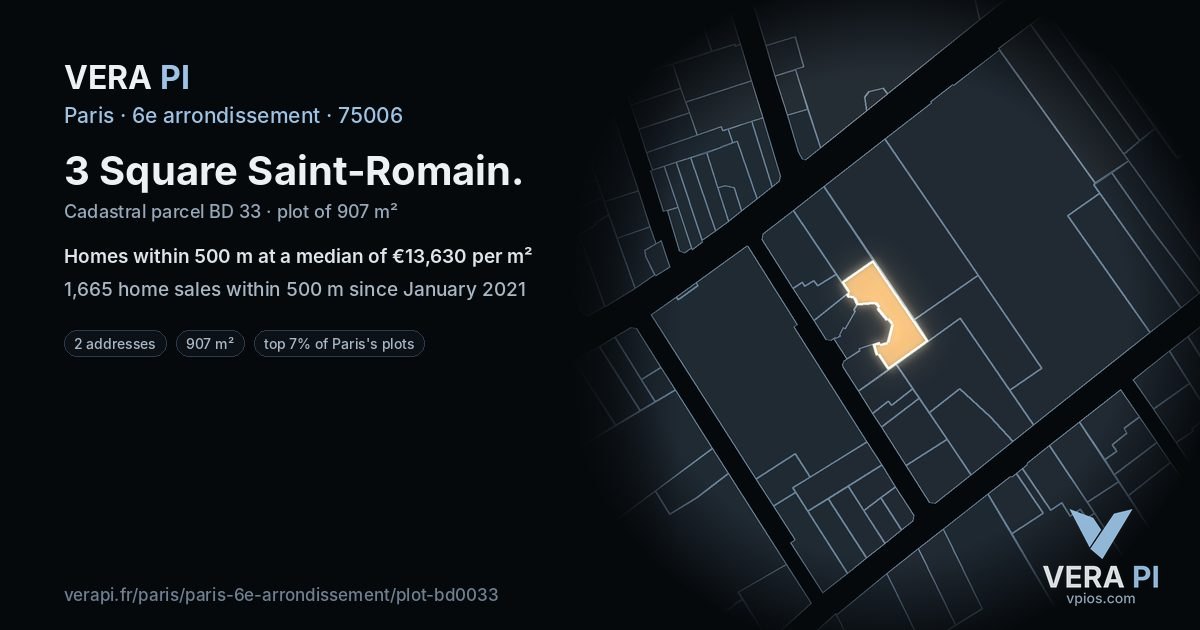 3 Square Saint-Romain, 6e arrondissement at night – the plot lit, the parcels around coloured by the prices near them