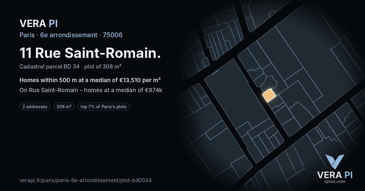 11 Rue Saint-Romain, 6e arrondissement at night – the plot lit, the parcels around coloured by the prices near them